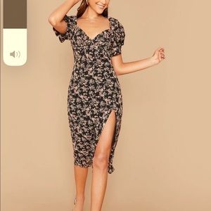 Puff Sleeve High Split Floral Dress
